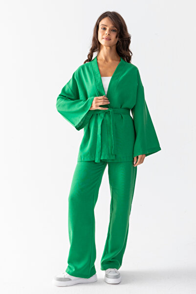 TUBA SÖZEN BUTİK Geniş Paça Keten Dokulu Alt Üst Kimono Takım