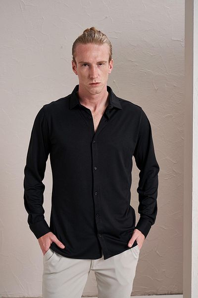 TENA Ανδρικό μαύρο μακρυμάνικο πουκάμισο Mercerized Kagi Slim Fit
