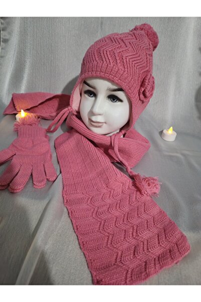 Kitti Pembe Kız Çocuk Şapka Atkı Eldiven Takımı Içi Polarlı Gül Detaylı