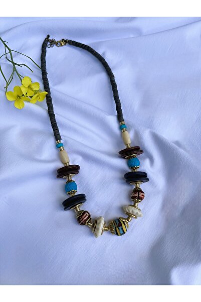 serapis accessories Tasarım Etnik Bohem Ahşap Gold Detaylı Kolye