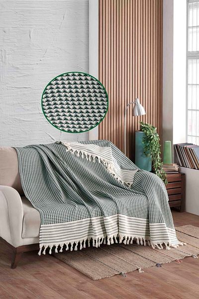 LADYNİL Pyramid Green Sofa Cover| Sofa Shawl 180x210 Cotton