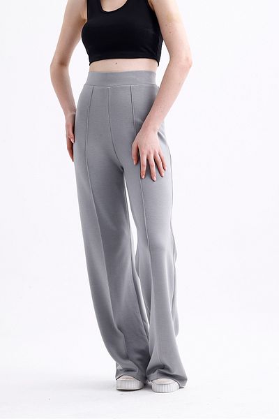 Warasiva Pantaloni de damă, gri, cu nervuri în față, cu potrivire largă, cu picior largi, din țesătură modal, cu talie înaltă, cu strângere, jambiere