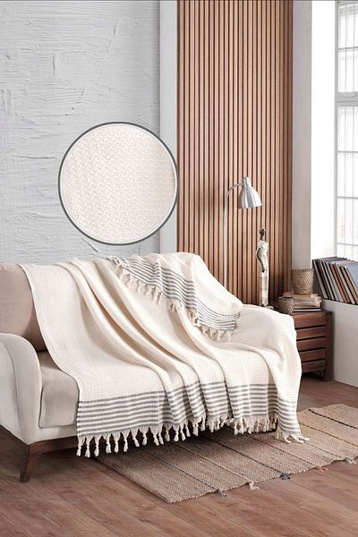 LADYNİL Pyramid Cream Sofa Cover| Sofa Shawl 180x210 Cotton
