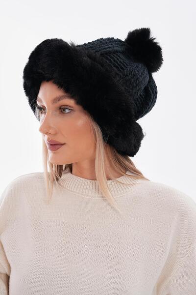 FELLMENS Black Beret with Pompom and Plush Fur