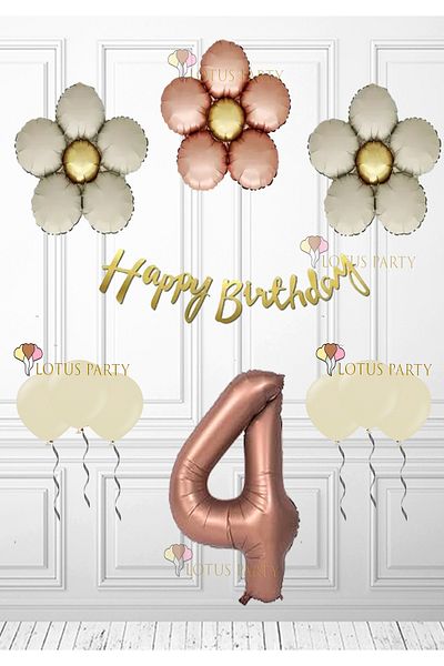 LOTUS PARTY 4 Years Old Brown Numeral - Cream Daisy Foil Gold Banner Retro Balloon Party Set