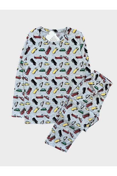 Şımarık Boy's Cotton Car Patterned Gray Long Sleeve Seasonal Pajamas Set