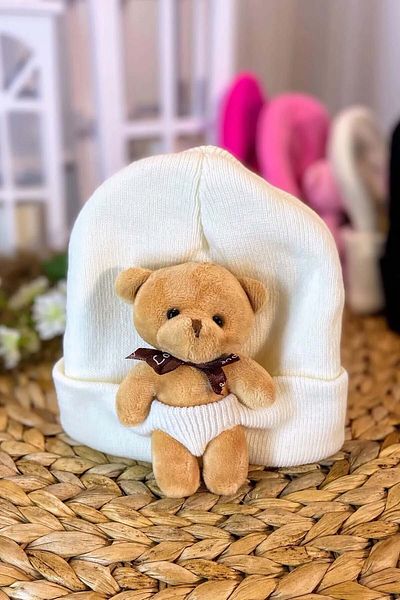 MYZİ STORE Children's Baby Black Beanie with Plush Teddy Bear