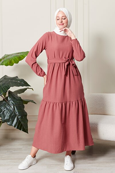 BRN Γυναικείο φόρεμα τζιν με λάστιχο στη μέση και ζώνη σε χρώμα Dusty Rose 31...