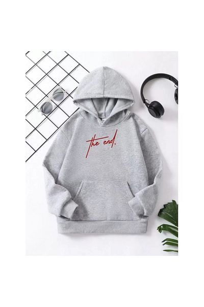 Pink Sky Hanorac pentru copii unisex - cu glugă, bumbac, imprimat la capăt, gri