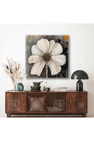 SML TABLO Floare de bujor albă Antracit Pictură decorativă pătrată elegantă