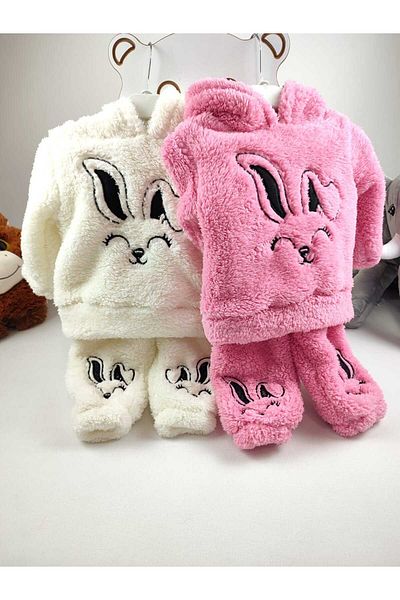 GAMZEAKKUŞ Rabbit Embroidery Detailed Hooded Plush Welsoft Girls' Bottom-Top Tracksuit Set Ecru (Single Set)