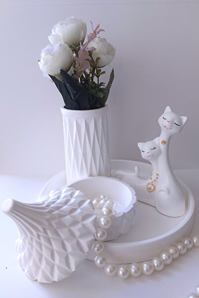 Arzu Ak Romantik Kedicik Çiftli Dekoratif Set -  Yuvarlak Sunum Tepsisi Vazo ...