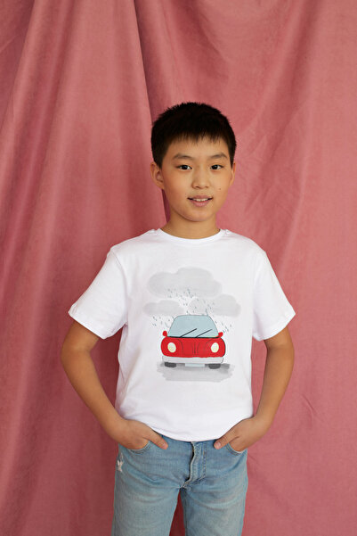 Bubuga Erkek Çocuk  Pamuk Premium Kırmızı Araba Baskılı Kısa Kol Tshirt