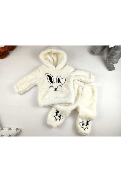 GAMZEAKKUŞ Rabbit Embroidery Detailed Hooded Plush Welsoft Girls' Bottom-Top Tracksuit Set Ecru (Single Set)