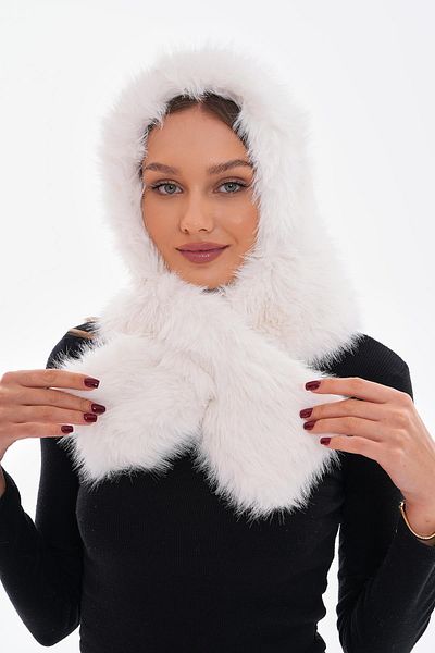 Luminos Butik White Plush Hat with Neck Tie and Scarf - Faux Byn04
