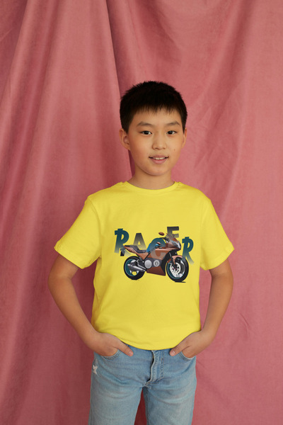 Bubuga Erkek Çocuk %100 Pamuk Premium Racer Motorsiklet Baskılı Kısa Kol Tshirt