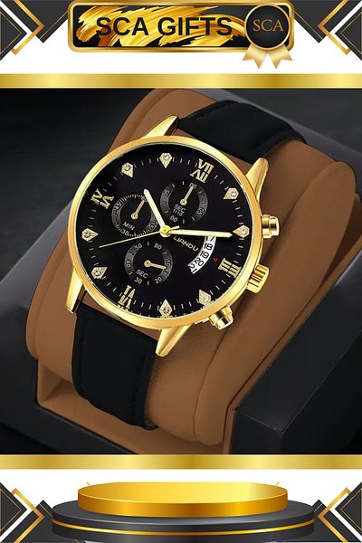 SCA Gold & Black Comfortable Quartz Clock with Pu Strap