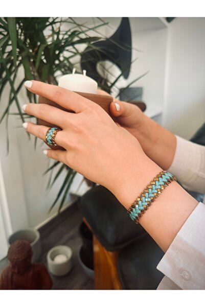 Natuur Collection Turkuaz & Altın El Yapımı Örgü Bileklik ve Yüzük Miyuki Til...