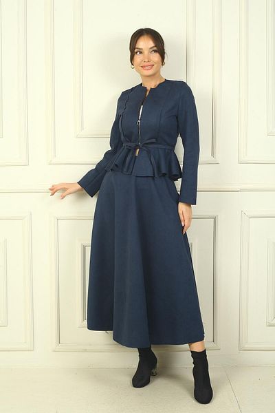 By Saygı Women's Front Zippered Waist Seated Belted Jacket Elastic Long Skirt 2-Piece Suede Set