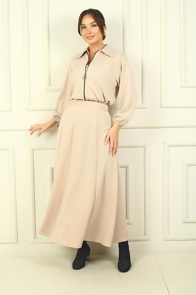 By Saygı Women's Zippered Front Jacket Elastic Waist Long Skirt 2-Piece Set
