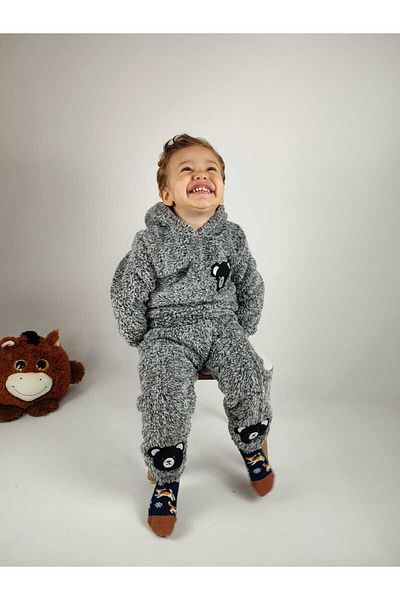 GAMZEAKKUŞ Welsoft Plush Embroidered Hooded 2-Piece Unisex Kids Tracksuit Set