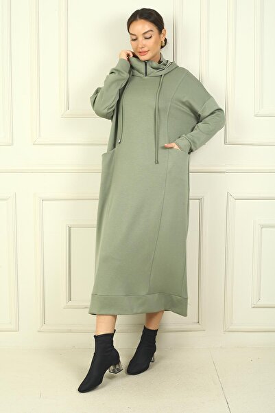 By Saygı Women's Collar Zippered Hooded Bag Pocket Comfortable Fit Long Dress