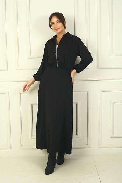 By Saygı Women's Zippered Front Jacket Elastic Waist Long Skirt 2-Piece Set
