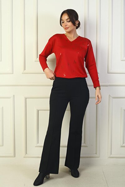 By Saygı Pantaloni de damă cu talie elastică, buzunare laterale, cu picioare spaniole, din oțel