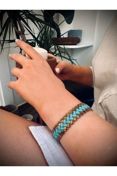 Natuur Collection Turkuaz & Altın El Yapımı Örgü Bileklik Miyuki Tila Cam Bon...