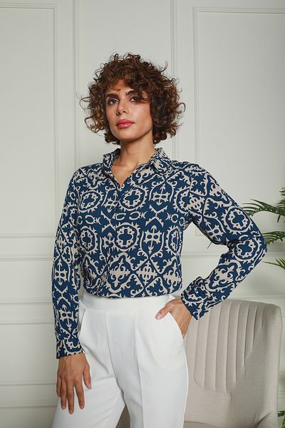 Butik Cămașă din viscoză cu model albastru praf închis 1500061