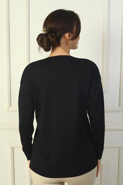 By Saygı Women's V-Neck Front Printed Knitwear Sweater