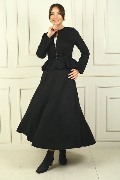 By Saygı Women's Front Zippered Waist Seated Belted Jacket Elastic Long Skirt 2-Piece Suede Set