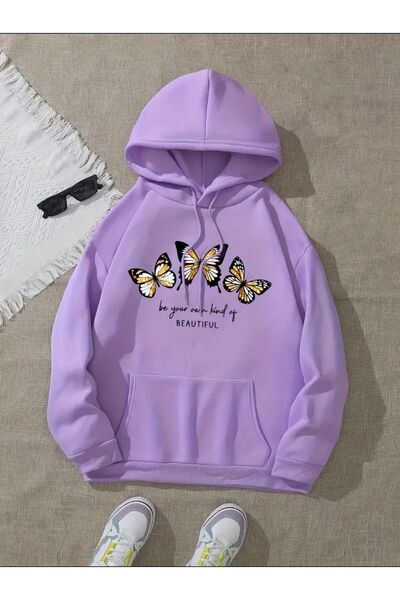 caddekombin 3 Kelebek Desenli 2 İplik Şardonlu Kapüşonlu Cepli Pamuklu Sweats...