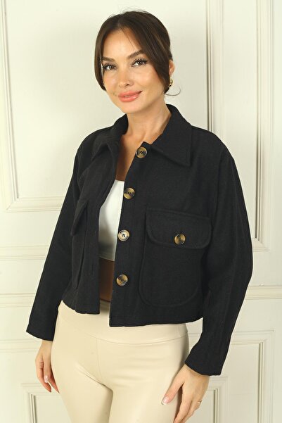 By Saygı Women's Bag Pocket Buttoned Short Cashmere Coat