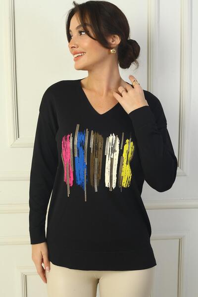 By Saygı Women's V-Neck Front Printed Knitwear Sweater