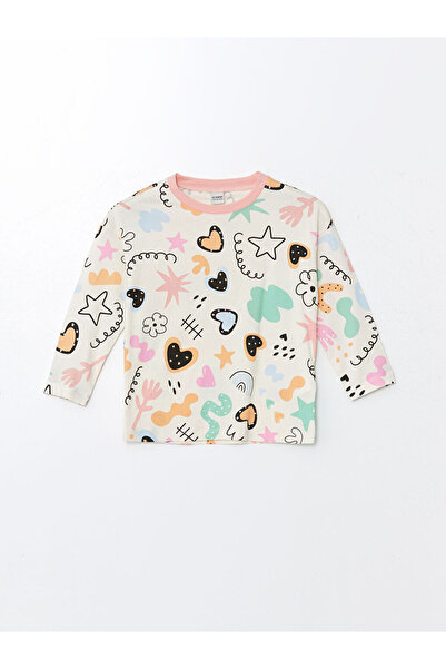 LC Waikiki Ecru Crew Neck Printed Long Sleeve Girls' Pajamas Set