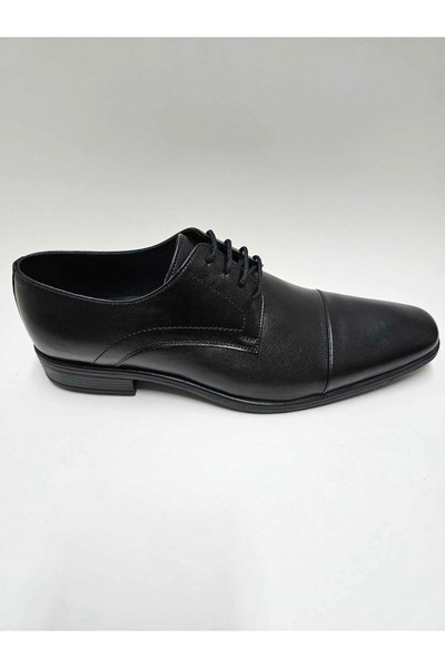 Pabuç Black Leather Laced Classic Men's Shoes - Rubber Sole