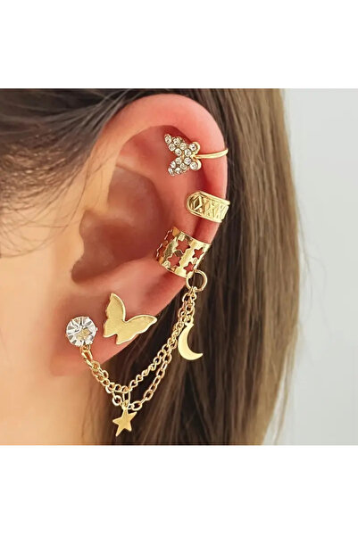 El Major 4 Pieces Gold Tasseled Stainless Celik Earrings Set for Women