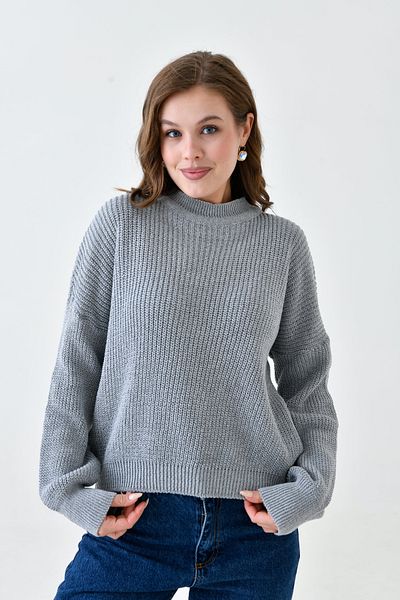 bayansepeti Women's Off Shoulder Long Sleeve Crew Neck Oversize Fit Gray Knitwear Sweater 1400