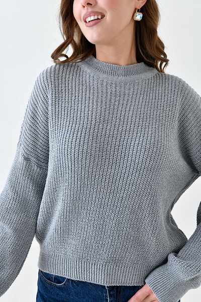 bayansepeti Women's Off Shoulder Long Sleeve Crew Neck Oversize Fit Gray Knitwear Sweater 1400