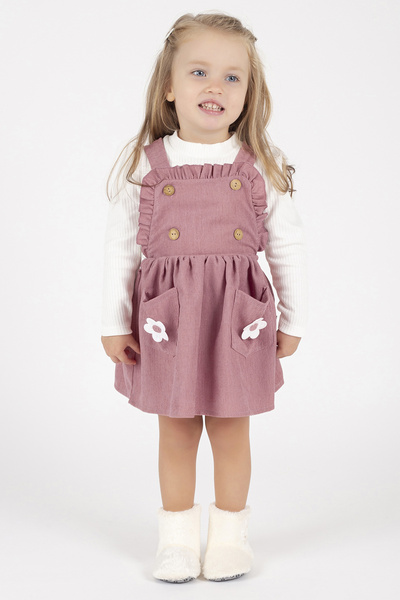 Melekpare Kız Bebek Çocuk Askılı  Kadife Elbise Çİçek Detaylı Uzun Kollu Badili  2 li