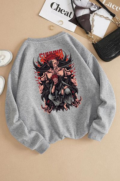 Massgai Jujutsu Kaisen Yuji Itadori Sakuna Printed Oversize суитшърт - суичър с кръгло деколте