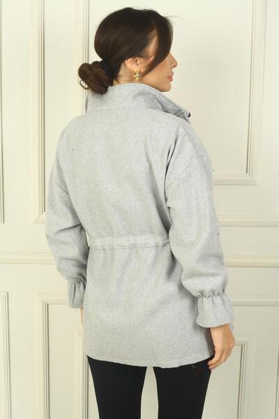 By Saygı Women's Front Zippered Waist and Cuffed Double Pocket Stamp Coat