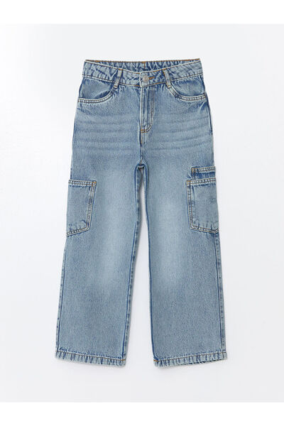 LC Waikiki Blue Girl's Jean Trousers with Adjustable Waist Elastic