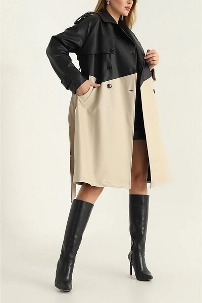 Stormie Butik Double Color Lined Belt Detailed Faux Leather Seasonal Trench Coat