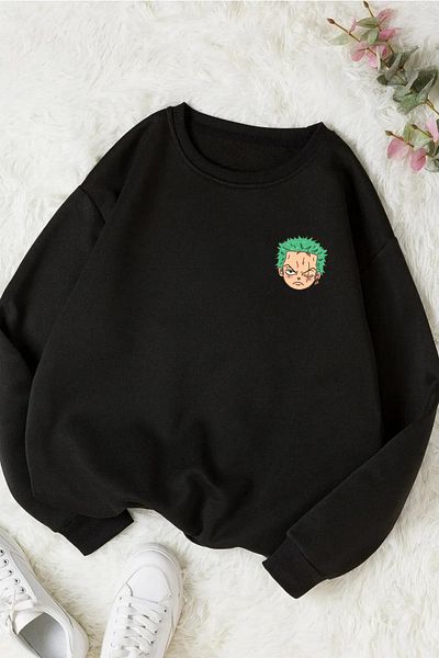 Massgai Hanorac oversize unisex cu imprimeu One Piece Roronoa Zoro - Hanorac cu gât crew