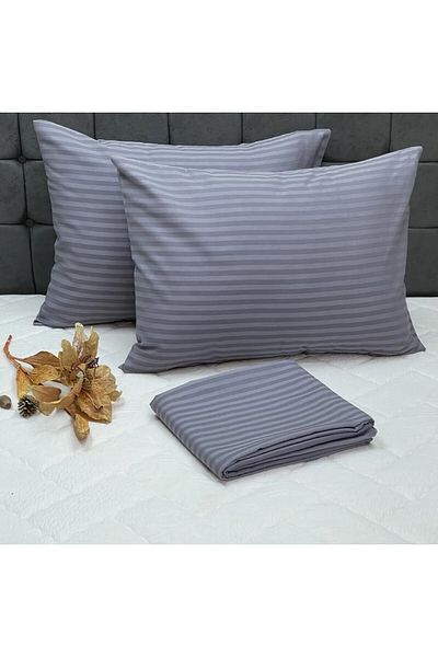 Seda Home Art طقم ملاءة سرير مزدوج أنثراسيت مخطط من الساتان 240x260+50x70 (2 قطعة)، مناسب للاستخدام في الفنادق والمنزل