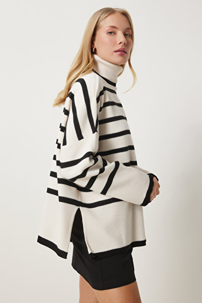 Lovelyİstanbul Pulover oversize cu dungi negre ecru - LBV0053