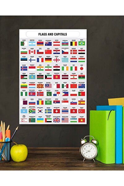 İngilizce Ülke Bayrakları ve Başkentleri Pvc Kaplamalı Poster 30x42 cm