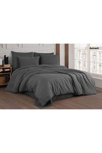 Seda Home Art طقم ملاءة سرير مزدوج أنثراسيت مخطط من الساتان 240x260+50x70 (2 قطعة)، مناسب للاستخدام في الفنادق والمنزل